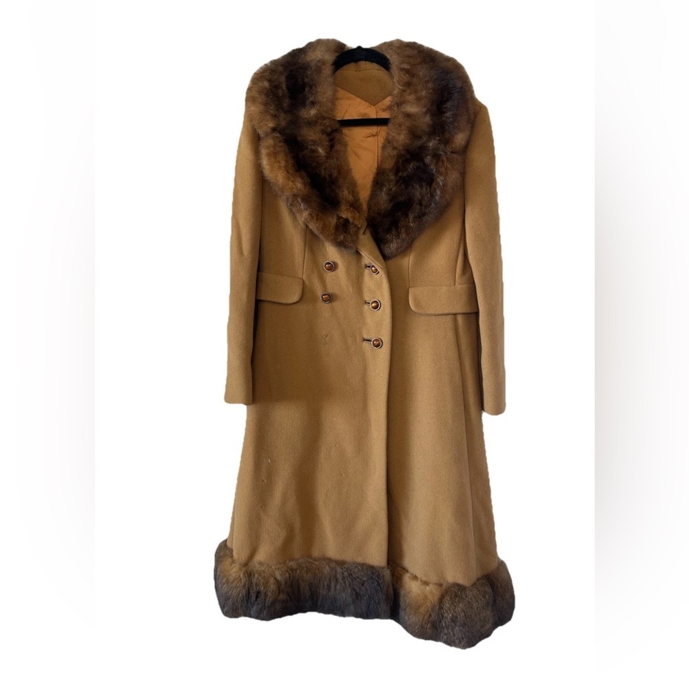 Vintage Bemco Camel Colored Wool Coat Brown Fur Trim Long Penny Lane Jacket M